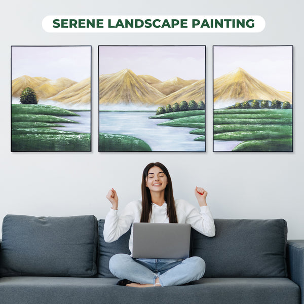 Majestic Mountain Canvas Trio: Large Yellow, Green & White Scenery Art, Wood Framed For Living & Office Spaces