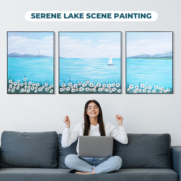 Handmade Blue Lake & Boat Canvas Trio, Nature-Inspired Scenic Wall Art For Living & Dining Decor