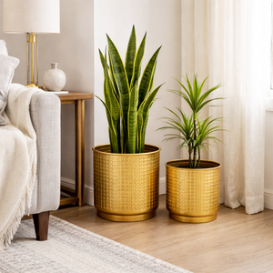 Golden Foil Pots, Pair of Decorative Planters Large and Small 25 cm, 22 cm Set of 2, Living Room, Office Decor