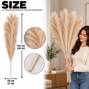 Light brown artificial pampas grass size guide and lifestyle display, 45-inch stems