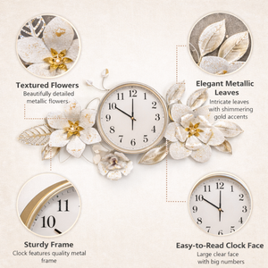 Large Metal Floral Silver Wall Clock, Elegant Horizontal Wall Art, Above the Bed, Couch, Living Room Decor by Sona Casa