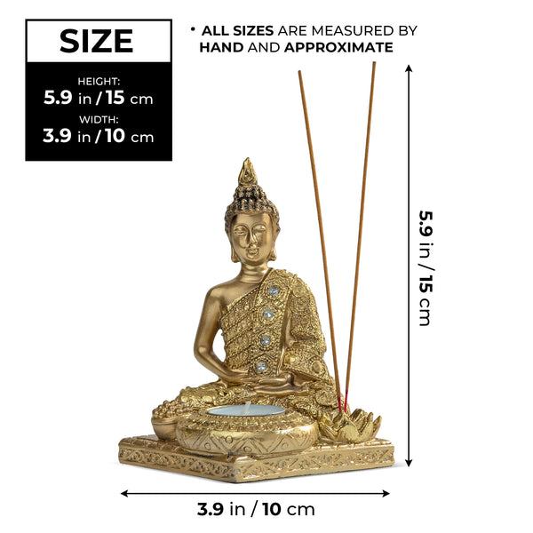 Golden Buddha Statue with Tealight Candle Holder, Incense Holder, Asian Decor For Home, Yoga Room Decor Polyresin Gold, 6 inch, 15 cm