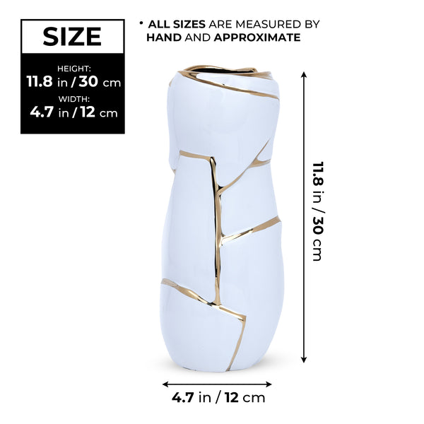 Abstract White Ceramic Golden Lines Vase - Elegant Table Centerpiece For Fresh & Faux Flowers