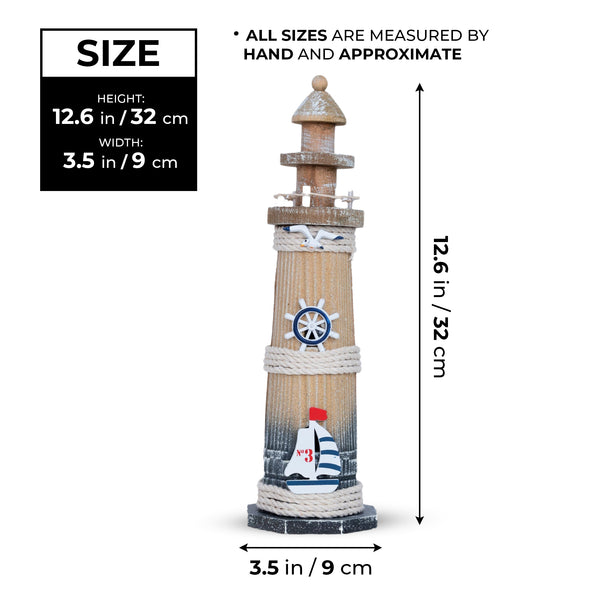 Rustic Brown Wood Miniature Lighthouse Model, 13" Desk Decor Statue