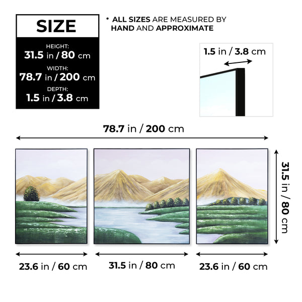 Majestic Mountain Canvas Trio: Large Yellow, Green & White Scenery Art, Wood Framed For Living & Office Spaces