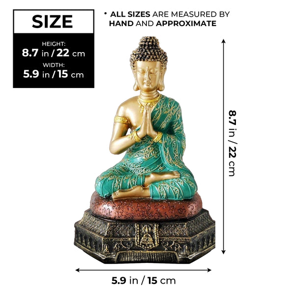 Small Buddha Statue, Zen Meditation Room Decor, Tabletop Statue, Home Accent Green Gold Polyresin, 9 inch 23 cm