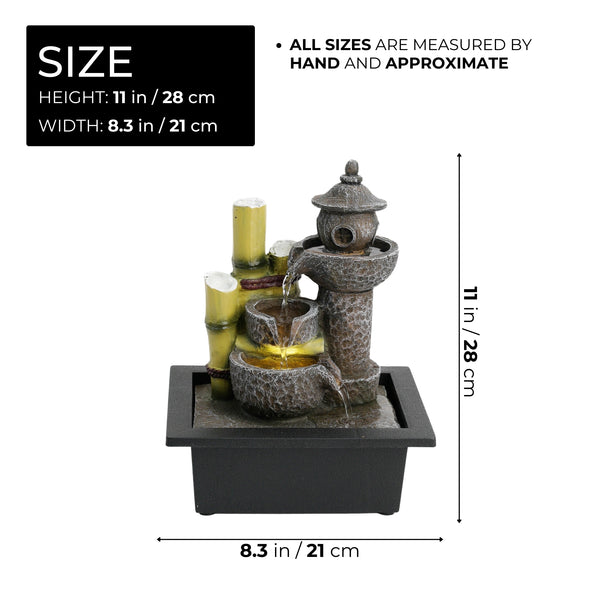 Indoor Water Fountain with Lights, Asian Temple Design, Polyresin Zen Water Fountain, Fiberglass, Polyresin, Acrylic, Grey 11 inch 28 cm