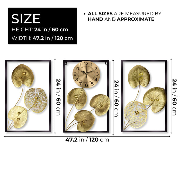 3 Piece Wall Art Decor, Gold Round Wall Clock Botanical Wall Hanging for Living Room Office, Indoor Decor 24 inch 60 cm