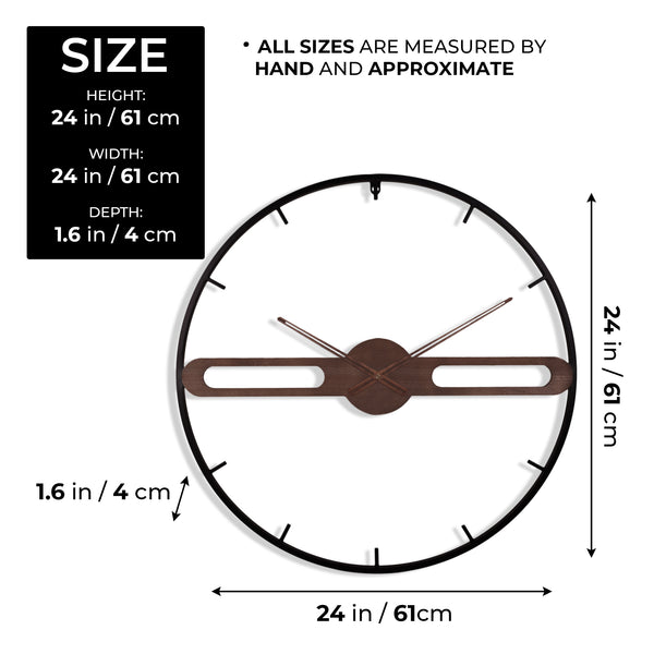 Larger Modern Wall Clock, Modern Minimalist Metal Frame, Wooden Center, Brown, Round Clock for Living Room, Office Indoor Decor 24 inch 60 cm