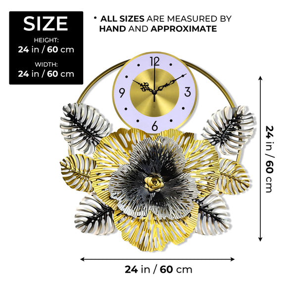 Large Decorative Wall Clock, Floral Metal Wall Art for Living Room, Silent Round Clock, Indoor Wall Hanging, Home Decor Gold Gray 24 inch 60 cm