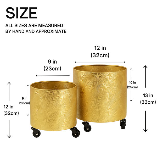 Gold Metal Foil Planters Set with Wheels and Drain Plug, Indoor Pot for Fresh or Faux Plants Home Decor Gift-Sona Casa