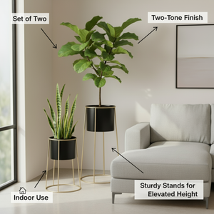 Modern Black Metal Pots Set Indoor Planters with Golden Stand for Fresh or Artificial Plants Living Room Office Decoration, Gifts-Sona Casa