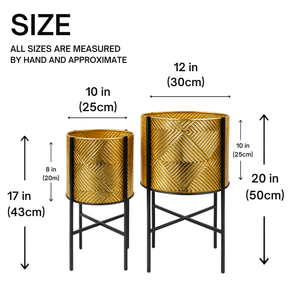 Rustic Golden Planters, Textured Foil Surface, Metal Plant Pots Pair with Black Stand, Unique Indoor Decor Gifts-Sona Casa