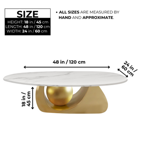 Designer Oval Coffee Table 47" White Marble Top, Golden Metal Ball Base, Centerpiece by Sona Casa