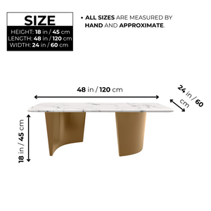 Modern 47" Rectangular Coffee Table, White Marble Surface, Metal Gold Frame, Home Decor by Sona Casa