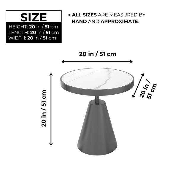 Modern Round Corner End Table, 16" Side, Centerpiece, Accent, White Marble and Black Metal Frame by Sona Casa