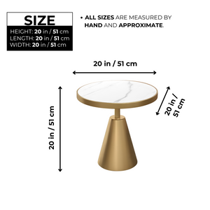 Modern Round Corner End Table, 16" Home Decor Accent, White Marble, Gold Metal Base by Sona Casa