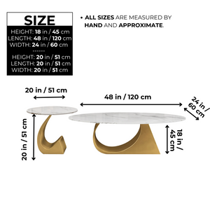 Modern Oval Coffee Table Set 47" and 20" White Marble Top, Metal Gold Frame by Sona Casa