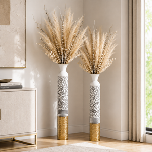 Set of 2 Round Metal Vases in White, Silver, and Gold Finish – Modern Decorative Accent for Home or Office – 14x14x106.7cm & 13.5x13.5x95.5cm - Accent Collection
