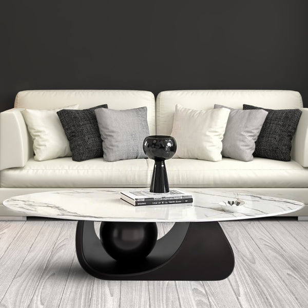 Designer Oval Coffee Table 47" White Faux Marble Surface, Metal Ball Matte Black Base, Centerpiece