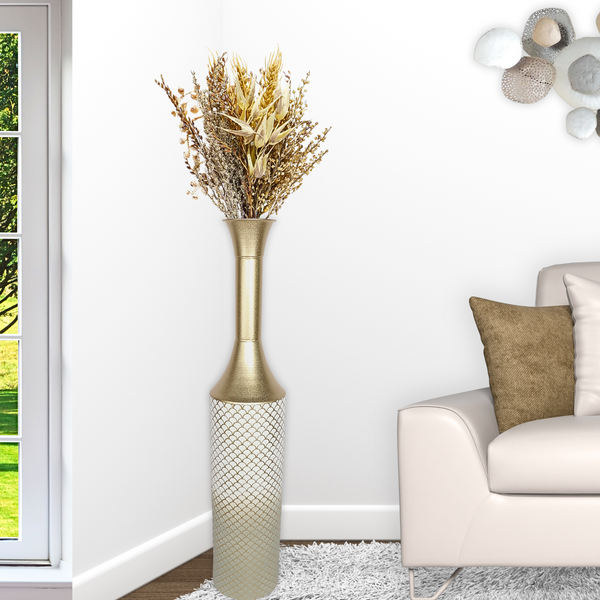 Modern Tall Floor Vase, Handmade Indoor Decor Metal 41" Gold Beige White