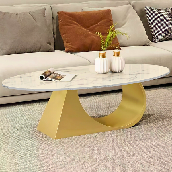 Modern Oval Coffee Table Set 47" and 20" White Faux Marble Top, Metal Gold Frame