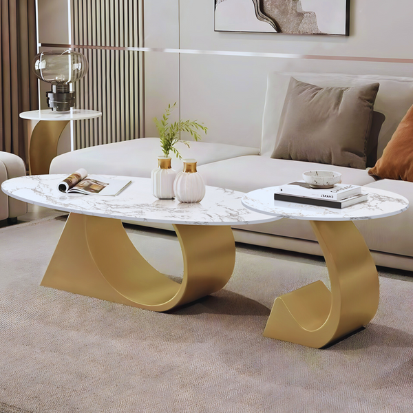 Modern Oval Coffee Table Set 47" and 20" White Faux Marble Top, Metal Gold Frame