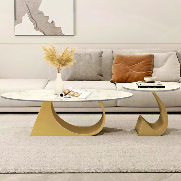 Modern Oval Coffee Table Set 47" and 20" White Faux Marble Top, Metal Gold Frame