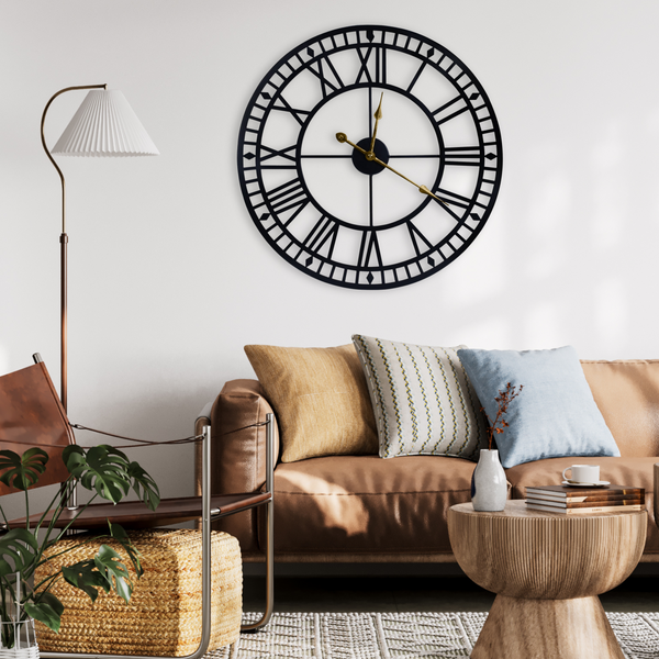 Oversized Round Metal Wall Clock, Large 32" Roman Numeral Silent Clock, Black Home Decor