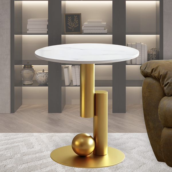 Modern Round Corner Table, 16" Manufactured Marble Top, Gold Metal Frame, Side, Centerpiece, Home Accent