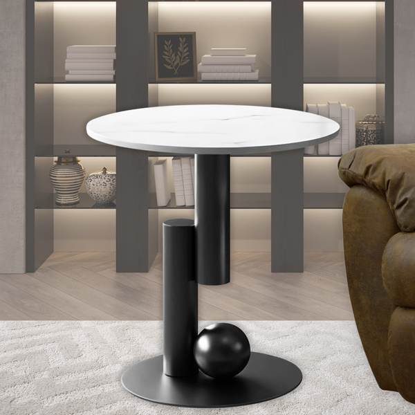 Modern Round Corner Table, 16" Side Table, White Faux Marble Top, Metal Matte Black Frame, Centerpiece