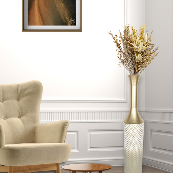 Modern Tall Floor Vase, Handmade Indoor Decor Metal 41" Gold Beige White