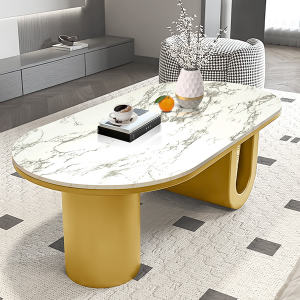 Designer Coffee Table 47" White Faux Marble Top, Metal Blocks Gold Frame Home Decor Centerpiece