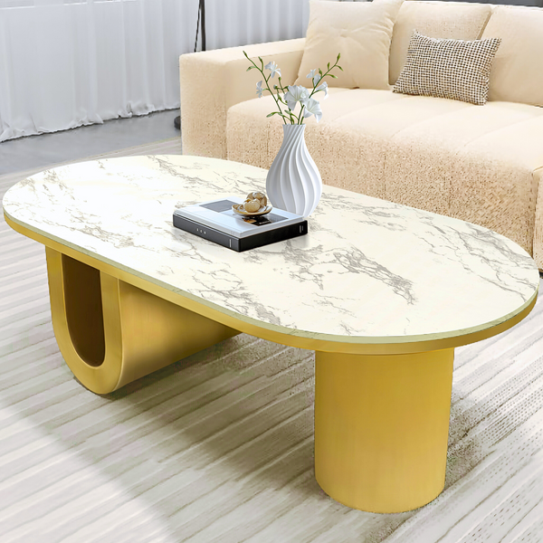 Designer Coffee Table 47" White Faux Marble Top, Metal Blocks Gold Frame Home Decor Centerpiece