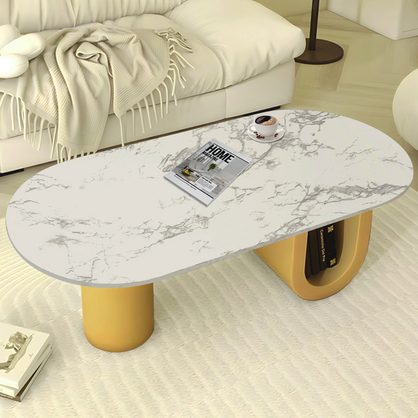 Designer Coffee Table 47" White Faux Marble Top, Metal Blocks Gold Frame Home Decor Centerpiece