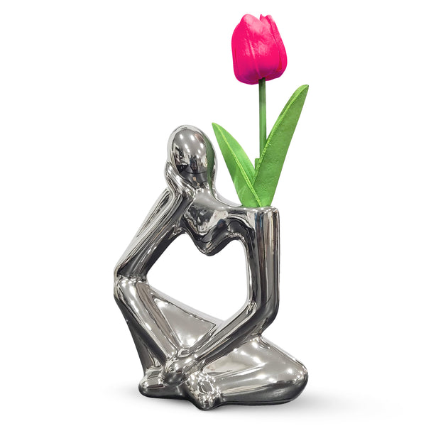 Silver Ceramic Chrome Bud Vase With Abstract Thinker Statue And 1 Tulip Stem - Boho Minimalistic Desk Decor