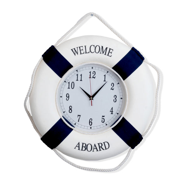 Nautical Round Wall Clock, 18" Silent, Lifebuoy Coastal Decor