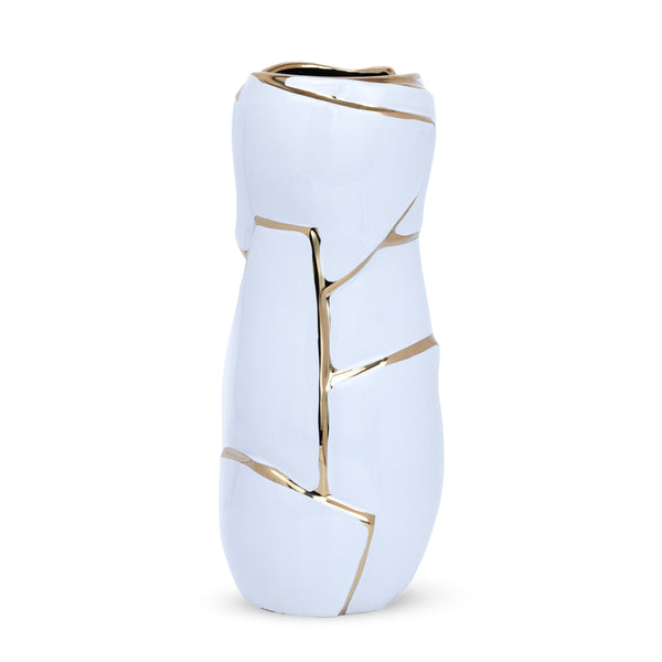 Abstract White Ceramic Golden Lines Vase - Elegant Table Centerpiece For Fresh & Faux Flowers