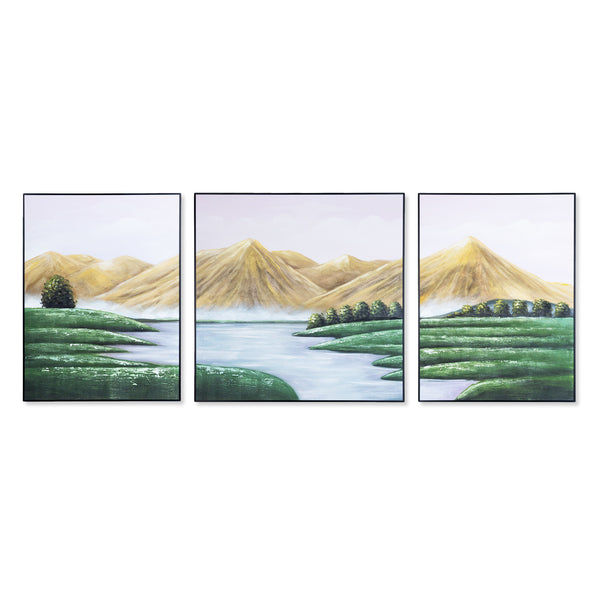 Majestic Mountain Canvas Trio: Large Yellow, Green & White Scenery Art, Wood Framed For Living & Office Spaces