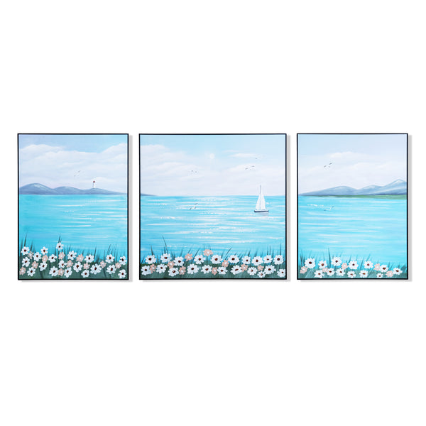 Handmade Blue Lake & Boat Canvas Trio, Nature-Inspired Scenic Wall Art For Living & Dining Decor