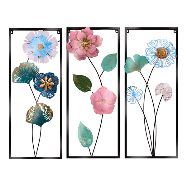 3 Piece Metal Floral Wall Art Decor for Living Room, Office Decor, Botanical Ornaments, Rustic Multicolor Indoor Decor, Wall Hanging 24 inch 60 cm