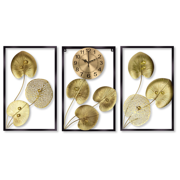 3 Piece Wall Art Decor, Gold Round Wall Clock Botanical Wall Hanging for Living Room Office, Indoor Decor 24 inch 60 cm