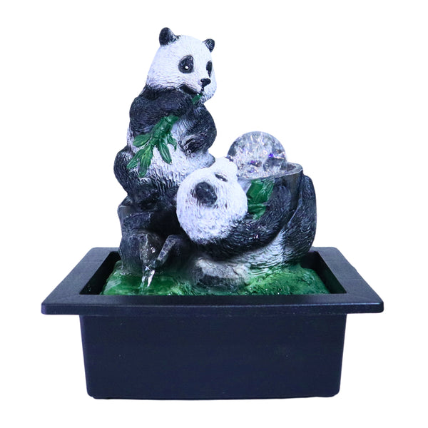 Indoor Panda Fountain with Electric Lights, Crystal Ball and Pump, Indoor Waterfall, Tabletop Polyresin Panda Statues, Black White 11 inch 28 cm