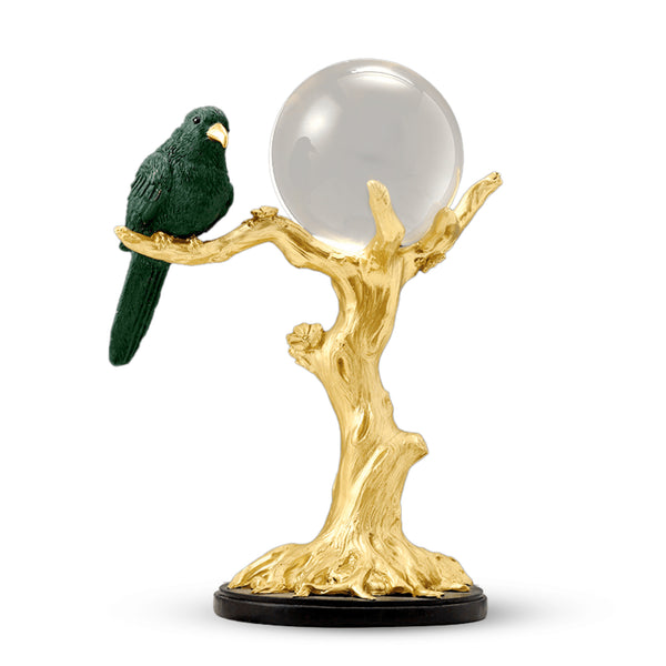 Countertop Sculpture Crystal Ball and Bird on Tree, 9" Tabletop Centerpiece