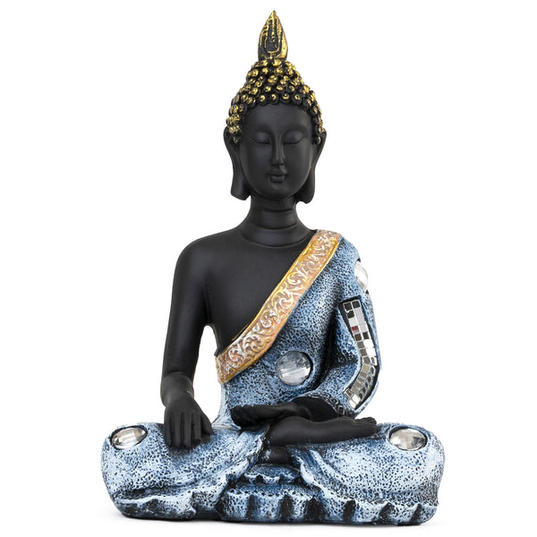 Meditating Buddha Statue, Small Buddha Figurines, Yoga Room Meditation Room Decor, Housewarming Gift, Black Gold Blue Polyresin 8 inch, 21 cm