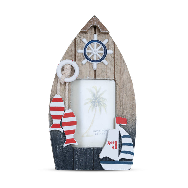 Small Boat-Shaped Wooden Photo Holder - Nautical Blue Ocean & Beach Decor Family Frame
