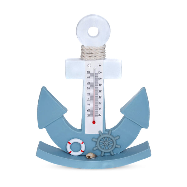 Tabletop Anchor Thermometer Decorative Wood Statue, Nautical Themed Centerpiece Coastal Living Room Decor Blue And White Wood, 8 inch, 21 cm