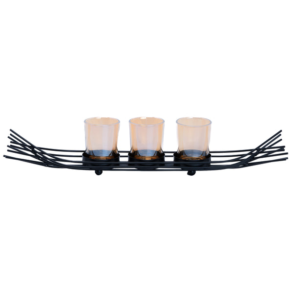 Black Metal Tealight Candle Holder, 15" Wide, 3 Glass Containers