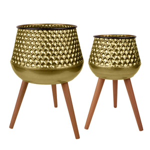 Golden Plant Container Set of 2, 26" Large 19" Small Metal Planters Decor by Sona Casa