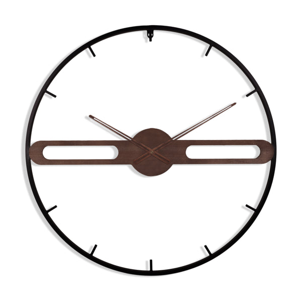 Larger Modern Wall Clock, Modern Minimalist Metal Frame, Wooden Center, Brown, Round Clock for Living Room, Office Indoor Decor 24 inch 60 cm